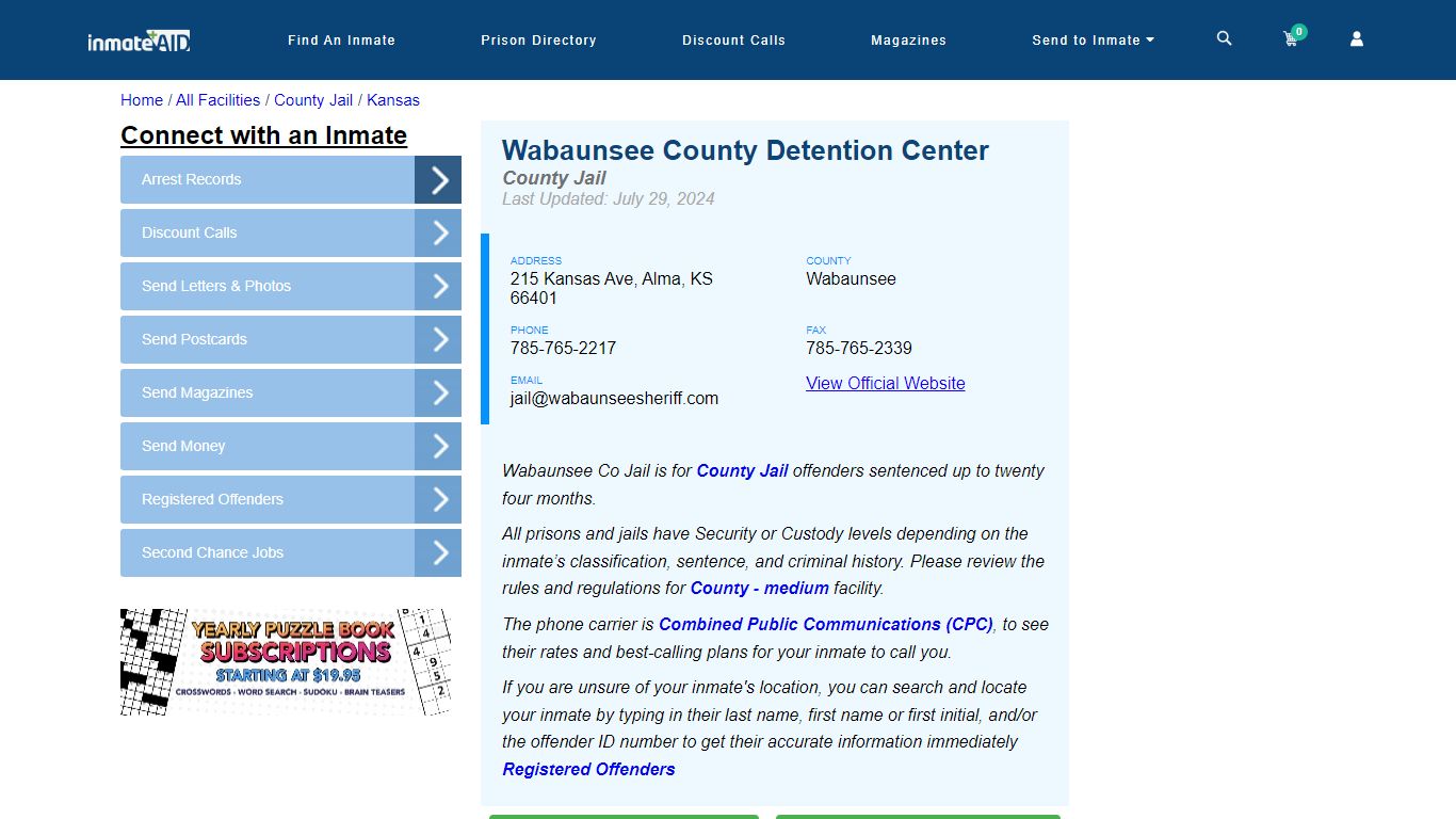 Wabaunsee County Detention Center - Inmate Locator